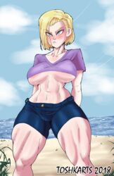 abs android_18 breasts cameltoe clothed dragon_ball guillion_(toshkarts) huge_areolae large_breasts milf short_hair underboob wide_hips rating:Explicit score:95 user:fapzilla