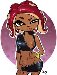 1girls absurd_res agent_8_(splatoon) areolae artist_name bodysuit bracelet breasts cephalopod cephalopod_humanoid dark-skinned_female dark_skin exposed_breast eyebrows eyelashes female female_focus female_only front_view highres iseenudepeople looking_at_viewer navel nipples octoling orange_eyes pants pants_pull raised_eyebrow red_hair self_exposure short_hair shorts solo spats splatoon splatoon_2 splatoon_2:_octo_expansion tentacle_hair tongue tongue_out unzipped unzipped_bodysuit zipper rating:Explicit score:61 user:Tillow