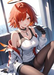  ai_generated arknights black_gloves black_pantyhose exusiai_(arknights) halo high_resolution highres nej orange_eyes pantyhose red_hair shorts white_shirt  rating:questionable score: user:nej-ai