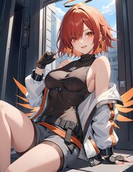  ai_generated arknights exusiai_(arknights) halo high_resolution highres nej orange_eyes red_hair shorts white_jacket  rating:questionable score: user:nej-ai