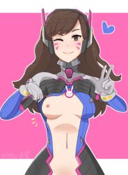 1girls areola bodysuit breasts breasts_apart breasts_exposed breasts_out brown_eyes brown_hair clothing d.va eyelashes facepaint female female_only flashing hair heart legs lips logo long_hair makeup outfit overwatch peace_sign sarukaiwolf small_areola small_breasts smile solo suit unzipped v w rating:Explicit score:146 user:QuarioSmith