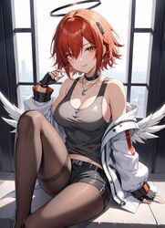  ai_generated arknights black_pantyhose exusiai_(arknights) halo high_resolution highres medium_breasts nej orange_eyes pantyhose red_hair shorts  rating:questionable score: user:nej-ai