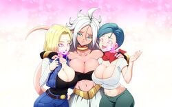 3girls android_18 android_21 android_21_(good) blonde_hair blue_eyes breasts bulma_briefs cameltoe cleavage clothing curly_hair curvy dragon_ball dragon_ball_fighterz dragon_ball_super dragon_ball_z erect_nipples female huge_areolae huge_ass huge_breasts hypnosis liesday long_hair looking_up majin majin_android_21 milf monster_girl pink_eyes pink_skin puffy_nipples short_hair simple_background symmetrical_docking tail thick_lips very_long_hair voluptuous white_hair wide_hips rating:Explicit score:460 user:b-ass