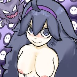  blush breasts hex_maniac inverted_nipples light-skinned_female looking_at_viewer perspective plops456 pokémon_(species) pokemon purple_hair  rating:explicit score: user:baconbitbowl