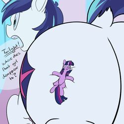  1:1 2016 ass dialogue duo english_text equid equine female feral friendship_is_magic goattrain hasbro horn macro male mammal my_little_pony mythological_creature mythological_equine mythology name_drop name_in_dialogue question shining_armor_(mlp) size_difference speech_bubble squish text text_emphasis twilight_sparkle_(mlp) underline unicorn  rating:safe score: user:bot