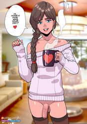 1boy 1femboy androgynous better_than_girls blue_eyes bottomless bottomless_femboy bottomless_male boy_wife braid braided_ponytail brown_hair character_request crossdressing cup cute detailed_background dialogue earrings femboy femboy_waifus feminine_male flaccid foreskin girly good_little_housewife judy_(tekuho) male male_focus male_only mug off-shoulder_sweater penis red_fingernails red_lipstick red_nail_polish red_nails single_braid solo solo_male speech_bubble standing sweater sweater_only tekuho text trap trap_wife uncut wedding_ring white_sweater wholesome rating:Explicit score:963 user:chooped