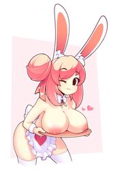 1girls :3 ;3 adorable animal_ears apron areolae big_breasts breast_rest breasts breasts_on_tray bunny_ears carried_breast_rest cute eyebrows_visible_through_hair female female_only fiz fizintine hair_bun heart large_breasts legwear looking_at_viewer nipples one_eye_closed original pink_hair presenting presenting_breasts rabbit_ears rabbit_tail simple_background solo thighhighs thighs tray white_legwear white_thighhighs wink rating:Questionable score:524 user:sadismember