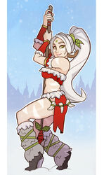 bodypaint facepaint female green_eyes human league_of_legends loincloth midriff nidalee snow_bunny_nidalee snowdown_showdown_series solo splashbrush strapless strapless_top strapless_topwear tubetop white_hair rating:Questionable score:56 user:redfts