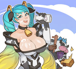 alistar bell blue_eyes blue_hair cleavage collar cowbell elbow_gloves female human large_breasts league_of_legends milk moo_cow_alistar sona_buvelle splashbrush toy_box_series twintails very_long_hair rating:Safe score:123 user:redfts