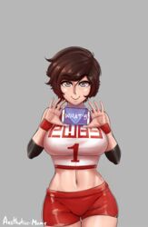 1girls abs aestheticc-meme breasts brown_hair clothing female_only gym_uniform looking_at_viewer ruby_rose rwby silver_eyes text thigh_gap watermark rating:Questionable score:128 user:virile_stud