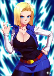 android_18 blonde_hair blue_eyes cleavage curvy dragon_ball jadenkaiba large_breasts short_hair voluptuous wide_hips rating:Explicit score:108 user:(Y)