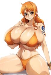  big_breasts bikini breasts breasts_bigger_than_head cleavage female female_only huge_breasts large_breasts nami nami_(one_piece) one_piece post-timeskip shounen_jump simple_background skeboo solo tagme white_background  rating:questionable score: user:dlguy95