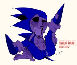  1boy anthro ass blue_body blush blush_lines butt cuntboy cuntboy_only eroclowne exposed_pussy ftm gloves hedgehog humanoid leg_up legs_apart legs_open legs_spread looking_at_viewer majin_sonic mobian_(species) plain_background purple_skin pussy_juice smiling sonic.exe_(creepypasta) sonic_(series) sonic_cd sonic_the_hedgehog_(series) sweating sweaty wet_pussy  rating:explicit score: user:eroclowne