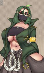  abs alternate_version_available arm_band artist_signature breasts_bigger_than_head choker clothed_female coat cumpot ear_piercings green_coat green_eyebrows green_hair hakama hi_res hip_dips huge_breasts japanese_clothes japanese_text kanji light-skinned_female looking_down_at_viewer mask masked_female midori_(rizdraws) piercings polka-dot_background skirt spiked_choker thick_thighs tube_top twitter_link underboob  rating:questionable score: user:sonictonic