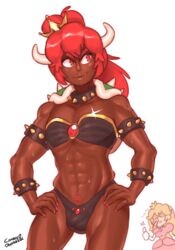 1boy 1girls abs ambush_(trap) bowser_logo bowser_tattoo bowsette bulge choker combos-n-doodles crown dark-skinned_femboy dark-skinned_male dark_skin fangs female femboy genderswap_(ftm) horns male male_bowsette male_focus mario_(series) muscular_femboy muscular_trap navel new_super_mario_bros._u_deluxe nintendo princess_peach pubic_tattoo red_bowsette red_eyes red_hair rule_63 solo super_mario_bros. tattoo thong trap rating:Questionable score:135 user:R-998