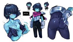 1boy armor ass blue_skin bulge chest cloak deltarune doppel femboy gloves hair_over_eyes kris_(deltarune) male_focus male_only nipples skin_tight solo spandex sweat sweaty twink rating:Explicit score:348 user:LewdPang1