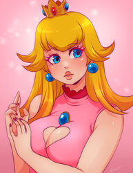 1girls big_breasts blonde_hair blue_eyes cleavage cleavage_cutout clothed crown earrings female female_only heart_cutout hi_res long_hair mario_(series) nintendo pink_clothing princess_peach ravenemore solo rating:Questionable score:27 user:Zomdra