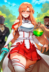 1girls 3boys ai_generated angry blush breasts dark-skinned_male dark_skin depressu forest heroine holding_weapon light-skinned_female light_skin lipstick long_hair miniskirt multiple_boys netorare ntr orange_hair potion pov pov_hands skirt sky smile smirk sword sword_art_online thiccwithaq_(ai_style) thighhighs yuuki_asuna rating:Explicit score:53 user:fourina03