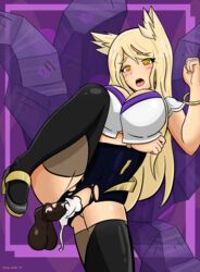 ahri ahri_a_walla alternate_costume amber_eyes blonde_hair clothing cum cum_in_pussy cum_inside digital_media_(artwork) glass heart heels horse horsecock jewelry k/da_ahri k/da_series large_breasts latex league_of_legends leggings riot_games tail rating:Explicit score:111 user:Godhri