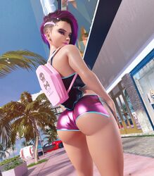 1girls 3d 3d_(artwork) ass asymmetrical_hair backpack big_ass blizzard_entertainment booty_shorts dark-skinned_female dark_skin dat_ass eyeshadow female female_only half-closed_eyes human latina looking_back noahgraphicz outside overwatch palm_tree pink_backpack pink_lipstick public purple_hair seductive_look side_shave smile solo sombra street sunlight rating:Questionable score:299 user:Chun_Chun