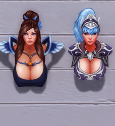 1girls 2girls aethosart blue_eyes blue_eyeshadow blue_hair breasts brown_hair cleavage clothed dota dota_2 eyeshadow female female_only freckles hanging_breasts large_breasts light_skin luna_(dota) mirana pink_eyes through_wall rating:Questionable score:37 user:Quarks