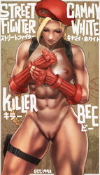 abs blonde_eyebrows blonde_hair bracer braid cammy_white capcom casual english_text female headwear highres holster human japanese_text legwear looking_down military_hat monorirogue muscular_female naked_headwear nude pale_skin poster pussy scar street_fighter tactical_nudity text thigh_gap thigh_strap thighs toned_female rating:Explicit score:120 user:Myfapacc