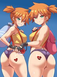 2girls alternate_breast_size anime_style ass backpack bag blush breasts bubble_butt cleavage clone clothed female female_only fingerless_gloves gloves green_eyes grin half-closed_eyes heart holding human human_only kasumi_(pokemon) konno_tohiro large_breasts looking_at_viewer looking_back misty_(pokemon) nintendo orange_hair outdoors pale_skin poke_ball pokemon pokemon_rgby red_hair shirt shorts side_ponytail smile suspenders teeth thick_thighs tomboy wide_hips rating:Questionable score:463 user:justausername