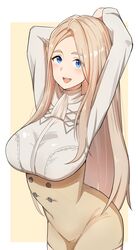 1girls :d absurdres alternate_hairstyle arms_behind_head arms_up ascot blonde_hair blue_eyes border breasts buttons commentary_request commission female female_only fire_emblem fire_emblem:_three_houses garreg_mach_monastery_uniform highres large_breasts long_hair looking_at_viewer mercedes_von_martritz nintendo open_mouth oruru63100814 outside_border simple_background skeb_commission smile solo standing teeth upper_teeth_only white_ascot white_border yellow_background rating:Questionable score:36 user:goldyroger