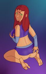  1girls ass ass_grab back barecamel cartoon_network dc dc_comics feet female_only from_behind grabbing sitting soles solo starfire teen_titans toes  rating:explicit score: user:amaama0451