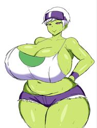 1girls big_breasts big_tits breasts cheelai curvy dragon_ball dragon_ball_super dragon_ball_super_broly female female_only front_view green_skin huge_breasts momiji_(artist) pink_eyes short_shorts thick_thighs white_hair rating:Questionable score:139 user:mxfix_mxbbin