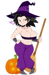 big_breasts black_eyes black_hair breasts caulifla cleavage dragon_ball dragon_ball_super female female_only jinu large_breasts light-skinned_female light_skin long_hair saiyan solo spiky_hair witch_hat rating:Questionable score:167 user:justausername