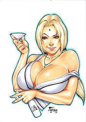 1girls 2018 amber_eyes bare_shoulder big_breasts blonde_hair breasts busty cleavage dated dice drunk ed_benes_studio female female_only forehead_jewel fred_benes hokage human kunoichi nail_polish naruto naruto_(series) naruto_shippuden necklace ninja pink_lips pink_nail_polish pink_nails pinup ponytail raised_eyebrow robe robe_lift sake sake_bottle shirt shirt_slip signature solo top top_lift tsunade upper_body voluptuous white_background white_shirt rating:Explicit score:95 user:JackieEstacadoThrowaway