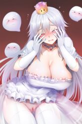 1girls 3others ambiguous_gender areola_slip areolae ass_visible_through_thighs bangs blush boo_(mario) boosette breasts brooch cleavage closed_eyes collarbone crown detached_collar dress embarrassed eyebrows_visible_through_hair female female_focus frilled_dress frills ginhaha gloves hair_between_eyes hands_on_own_face hands_up jewelry large_breasts long_hair luigi's_mansion mario_(series) new_super_mario_bros._u_deluxe nintendo open_mouth pussy see-through sharp_teeth short_sleeves silver_hair simple_background standing super_crown teeth thighhighs uncensored white_dress white_gloves white_legwear rating:Explicit score:213 user:masternoobcake