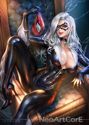 1girls big_breasts black_cat_(marvel) blue_eyes bodysuit breasts cleavage felicia_hardy female female_only large_breasts long_hair looking_at_viewer marvel marvel_comics neoartcore shiny_suit solo spider-man_(series) unzipped white_hair zipper_pull_tab rating:Safe score:221 user:justausername