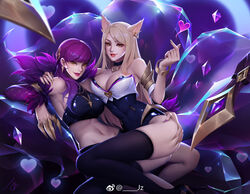 ahri alternate_costume ass ass_grab breasts cleavage evelynn female female_only grabbing heart idol jzeo k/da_ahri k/da_evelynn k/da_series league_of_legends lipstick midriff sitting_on_lap smile thighhighs yuri rating:Safe score:328 user:jindermaballz