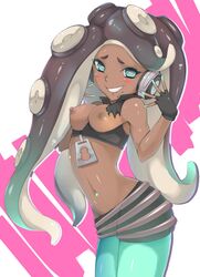 abstract_background animal_humanoid areolae beauty_mark blush breasts breasts_out crop_top dark-skinned_female dark_skin edit exposed_breasts eyelashes female female_only fingerless_(marking) fingerless_gloves front_view gloves green_eyes headphones highres long_hair marina_(splatoon) marine_humanoid medium_breasts midriff mokkosu. mole mole_under_mouth navel navel_piercing nintendo nipples octoling perky_breasts piercing smile solo splatoon splatoon_2 tentacle_hair third-party_edit toned torn_clothes very_long_hair zipper_pull_tab rating:Explicit score:85 user:Sexyyurisex