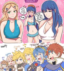 3girls absurdres armor bikini blonde_hair blue_hair breasts breath_of_the_wild caeda_(fire_emblem) cape cloud_strife corrin_(fire_emblem) corrin_(fire_emblem)_(male) crossover female final_fantasy final_fantasy_vii fire_emblem fire_emblem:_mystery_of_the_emblem fire_emblem:_shadow_dragon_and_the_blade_of_light fire_emblem:_the_binding_blade fire_emblem_awakening fire_emblem_fates french_hood hairband headband highres hylian jewelry karbuitt kid_icarus kid_icarus_uprising lilina_(fire_emblem) link link_(breath_of_the_wild) long_hair male marth_(fire_emblem) medium_breasts multiple_males nintendo pale_skin pit_(kid_icarus) pointy_ears ponytail princess_zelda robin_(fire_emblem) robin_(fire_emblem)_(male) roy_(fire_emblem) short_hair simple_background smile super_smash_bros. swimsuit the_legend_of_zelda tiara tunic white_hair zelda_(breath_of_the_wild) rating:Safe score:244 user:V1H7U2