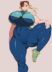 abs bodysuit breasts cameltoe chun-li double_bun female female_only hair_bun hair_ribbon hidarikiki highres huge_breasts leg_lift muscular_female simple_background sleeveless smile solo street_fighter thick_thighs tight_clothing toned rating:Questionable score:174 user:Dic