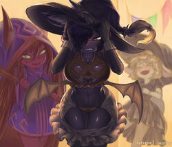 2018 3girls bewitching_tristana big_breasts blush breasts clothing embarrassed gender_transformation halloween harrowing_series laugh league_of_legends lulu_the_fae_sorceress mayhem_(artist) party riot_games rule_63 smile tales_from_the_rift_series tristana veigal veigar wicked_lulu yordle rating:Questionable score:204 user:jindermaballz