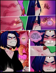 1boy 2girls anus ass beast_boy blush breasts clothing comic dc dc_comics english_text female heart heart-shaped_pupils highres jinx_(dc) oral_sex pussy rachel_roth raven_(dc) speech_bubble teen_titans text x-ray zillionaire rating:Explicit score:211 user:jindermaballz