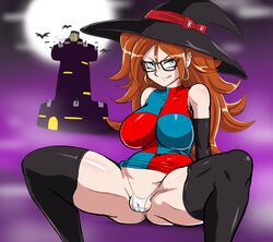 1boy alternate_legwear android_21 android_21_(human) android_8 bare_shoulders bat between_labia black-framed_eyewear black_legwear blue_eyes breasts cameltoe curly_hair darm_engine dragon_ball dragon_ball_fighterz dress dress_lift earrings female glasses halloween halloween_costume hat hoop_earrings innie_pussy jewelry large_breasts licking_lips moon multicolored multicolored_clothes multicolored_dress panties red_hair seductive_smile sitting smile spread_legs thighhighs thong tongue tongue_out underwear white_underwear witch_hat rating:Explicit score:59 user:bot