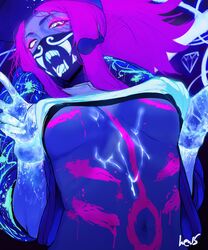 1girls after_sex akali alternate_breast_size alternate_costume artist_name bodypaint breasts choker cum cum_on_body face_mask female female_only glowing hews_hack k/da_akali k/da_series league_of_legends mask medium_breasts navel neon purple_hair solo underboob yellow_eyes rating:Explicit score:327 user:kikimaru024