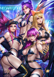 4girls ahri akali alternate_costume bra breasts cleavage evelynn female female_only garter_belt hourglass_figure k/da_ahri k/da_akali k/da_evelynn k/da_kai'sa k/da_series kai'sa large_breasts league_of_legends lipstick looking_at_viewer medium_breasts neoartcore thighhighs rating:Safe score:342 user:justausername