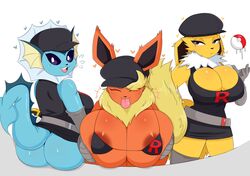 3girls :3 anthro areolae ass belt big_ass big_breasts big_ears bikini blue_fur breasts cleavage closed_eyes cosplay eeveelution female female_only flareon furry gigantic_breasts hat heart huge_ass huge_breasts jinu jolteon large_ass large_breasts long_ears looking_at_viewer nintendo orange_fur pokémon_(species) poke_ball pokemon pokemon_rgby purple_eyes shirt skirt smile sweat tail team_rocket thick_thighs tongue tongue_out ultra_ball vaporeon white_background white_fur wide_hips yellow_fur rating:Questionable score:270 user:justausername