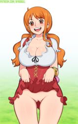 1girls 2018 2d 5_fingers afrobull alternate_breast_size artist_name big_breasts blush bottomless breasts brown_eyes cleavage clothed clothing eyebrows eyelashes female female_only hair hairless_pussy huge_breasts human human_only large_breasts light-skinned_female light_skin long_hair looking_at_viewer nami nsfw one_piece pale-skinned_female pale_skin post-timeskip pussy shounen_jump skirt skirt_lift solo twintails vagina watermark whole_cake_island rating:Explicit score:328 user:chooped