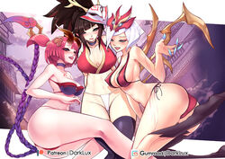 3girls akali alternate_costume ass big_breasts blood_moon_akali blood_moon_elise blood_moon_evelynn blood_moon_series bra breasts cleavage clothing darklux elise_kythera_zaavan evelynn female female_only large_breasts league_of_legends looking_at_viewer multiple_girls panties thighhighs rating:Questionable score:160 user:justausername