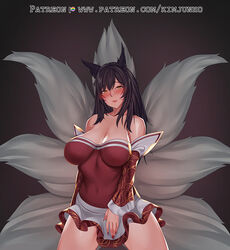 ahri blush breasts female female_only fox_ears fox_tail kimjunho large_breasts league_of_legends looking_at_viewer rating:Questionable score:53 user:jindermaballz