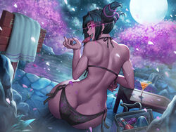 1girls alcohol ass ass_cleavage back bangs beckoning big_ass bikini black_bikini black_hair butt_crack capcom cherry_blossoms clothed condom condom_in_mouth curvy dat_ass dildo drill_hair drink female female_only full_moon fully_clothed glowing_eyes highres hot_spring hot_springs human inviting juri_han looking_at_viewer looking_back martini moon night o-ring_bikini o-ring_bottom outdoors revealing_clothes sefuart sidelocks sitting smile solo stars street_fighter sweat swimsuit toned towel twin_drills water rating:Questionable score:617 user:SolemnTagger