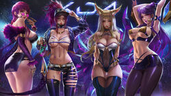 adjusting_eyewear adjusting_glasses ahri akali alternate_costume evelynn highres idol k/da_ahri k/da_akali k/da_evelynn k/da_kai'sa k/da_series kai'sa league_of_legends lexaiduer liebeloss_.lex lipstick looking_over_eyewear looking_over_glasses nail_polish pink-tinted_eyewear revealing_clothes strapless strapless_leotard strapless_top strapless_topwear sunglasses tinted_eyewear tubetop rating:Questionable score:244 user:jindermaballz