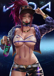 akali alternate_costume asymmetrical_legwear belt cleavage g-string highres idol jacket k/da_akali k/da_series league_of_legends liebeloss_.lex lipstick midriff navel revealing_clothes strapless strapless_top strapless_topwear tagme thong torn_clothes tubetop underboob rating:Questionable score:152 user:jindermaballz